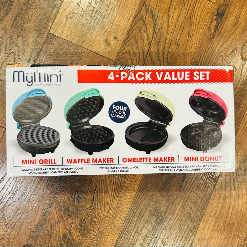 NIB 4 pack MyMini (mini grill, waffle maker, omelette and mini donut)